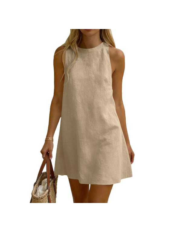 Women Linen Summer Dress Casual Sleeveless Beach Sundress Flowy Tank Mini Short Dresses Khaki XS