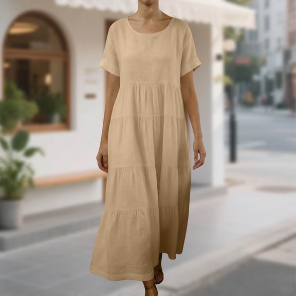 Women Linen Summer Long Sundress Crewneck Short Sleeve Maxi Dress 2026 Casual Loose Beach Dress with Pockets Khaki XL