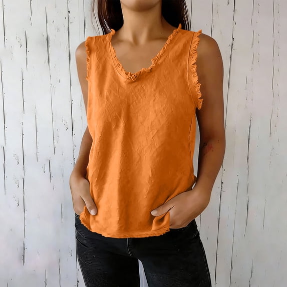 Women Linen Tank Top, Round Neck Sleeveless T-Shirt, Lightweight Casual Solid Color Summer Tanks Orange XL