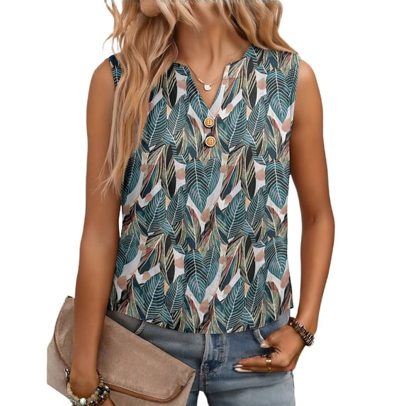 Women Linen Tank Tops Button V-Neck Sleeveless Vest T-Shirts Summer Breathable Lightweight Basic Shirt