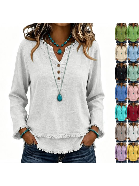 Women Linen Textured V Neck Tunic Tops Fringe Trim Long Sleeve Blouses Casual Henley Button Down Boho Shirts, Loose Lightweight Bohemian Tops for Spring Autumn White S