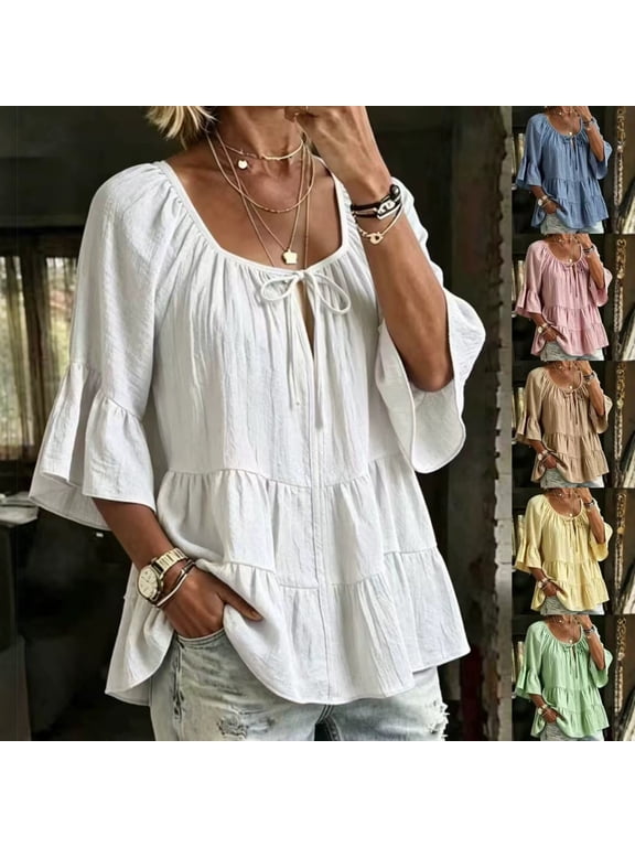 Women Linen Tops Ruffle Off Scoop Neck Shirts Tie Front Loose Renaissance Peasant Blouse