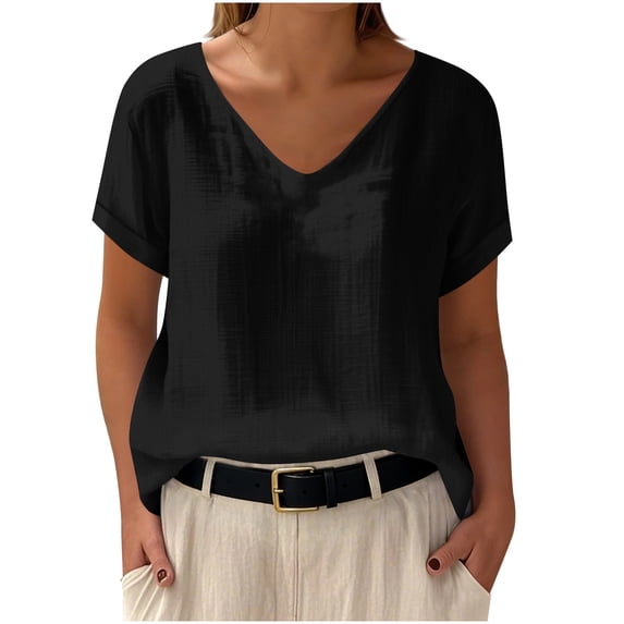 Women Linen Tops Short Sleeve Dressy Casual V Neck Shirts 2026 Summer Business Work Blouses Outfits Clothing Womens Linen Tops