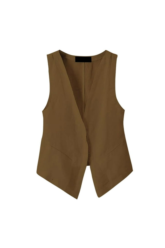 Womens Linen Vest Tops - Sleeveless Button Down Hi-Low Jacket, Casual Regular Fit for Spring/Summer/Fall