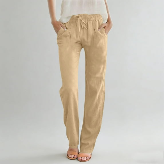 Women Linen Wide Leg Pants High Waist Loose Womens Pants with Pockets Straight Solid Long Pants for Women Pleated Khaki-XL