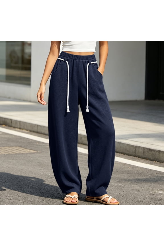 Women Linen Wide Leg Pants, Tassel Drawstring Elastic Waist Casual Barrel Trousers with Side Pockets Summer Beach Daily Wear Navy S