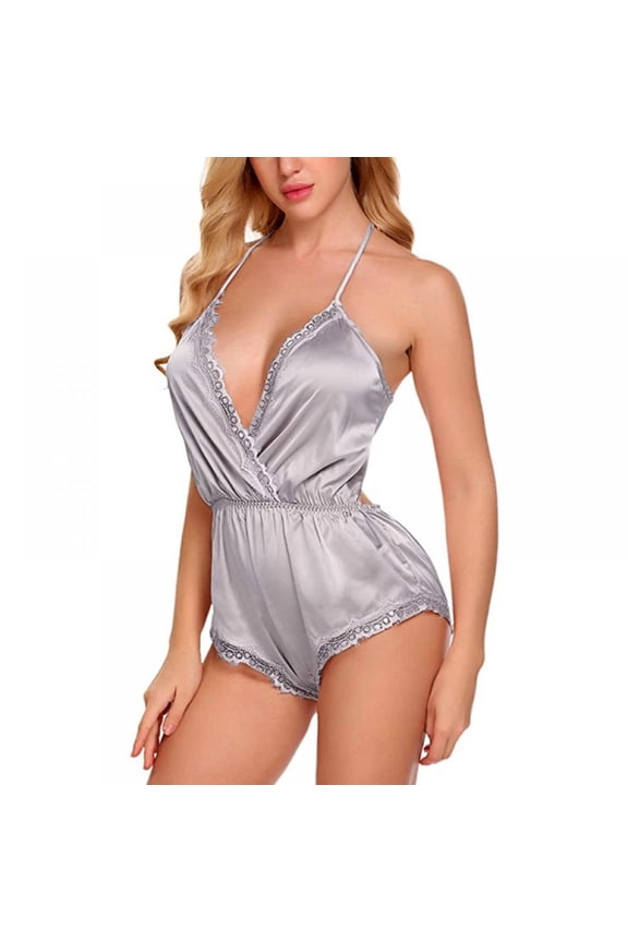 Women Lingerie Bodysuit V Neck Teddy Lace Babydoll Satin Pajamas Nightwear