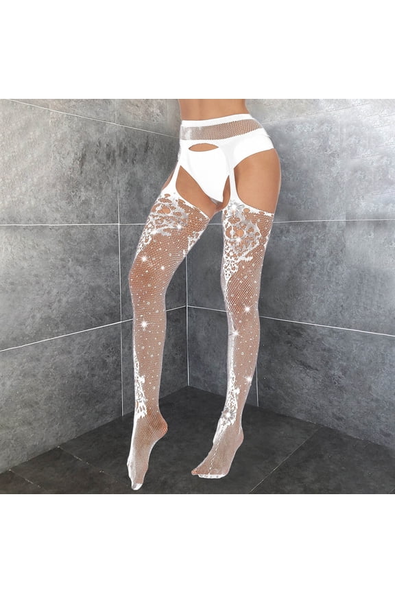 Women Lingerie Garter Belt Stocking Fishnet Thigh High Tights Suspender Pantyhose White Size One Size