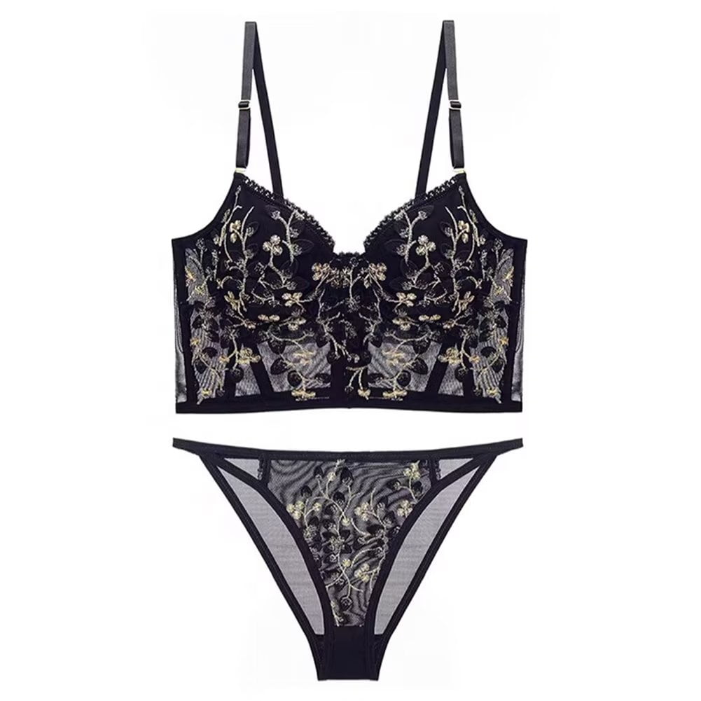 Women Lingerie Set Flower Embroidery Bralette and Panty Set Removable Chest Pad Underwear