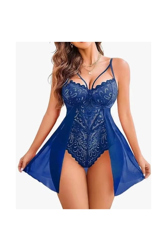 Women Lingerie Sexy Lace Chemsie Sleepwear - Blue-M