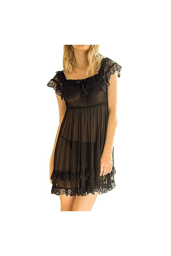 Women Lingerie Sexy Open Front Lace Babydoll Dress with Thong Halter Mesh Nightgown