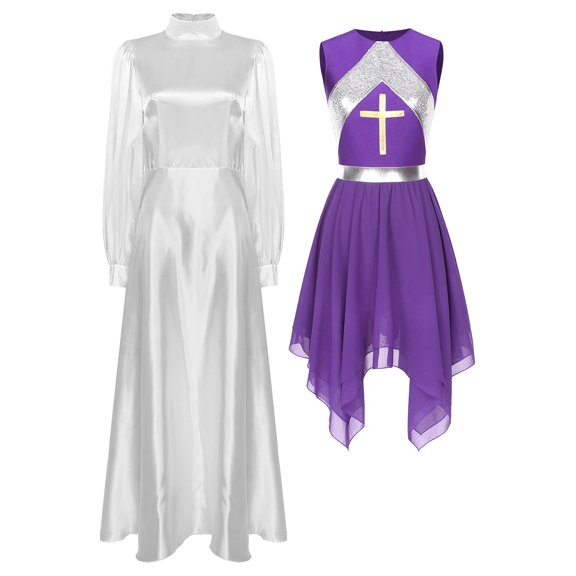 Women Liturgical Praise Dance Dress Sets Long Puff Sleeves Satin Flared Dress With Metallic