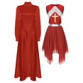 thumbnail image 1 of Women Liturgical Praise Dance Dress Sets Long Puff Sleeves Satin Flared Dress With Metallic, 1 of 7