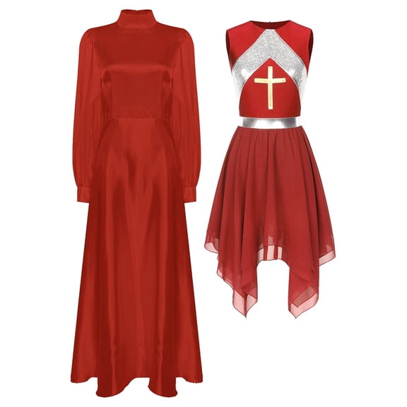 Women Liturgical Praise Dance Dress Sets Long Puff Sleeves Satin Flared Dress With Metallic