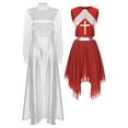 thumbnail image 1 of Women Liturgical Praise Dance Dress Sets Long Puff Sleeves Satin Flared Dress With Metallic, 1 of 7
