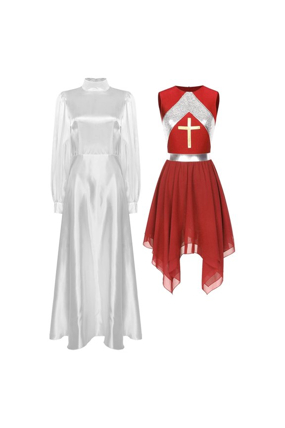 Women Liturgical Praise Dance Dress Sets Long Puff Sleeves Satin Flared Dress With Metallic