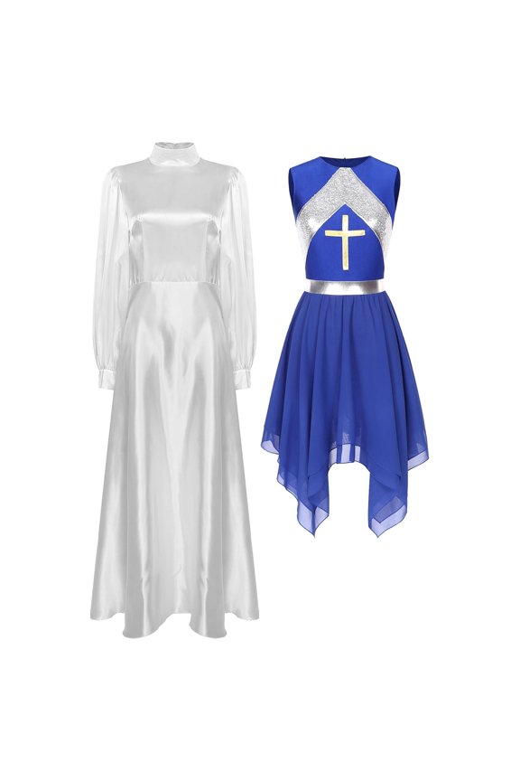 Women Liturgical Praise Dance Dress Sets Long Puff Sleeves Satin Flared Dress With Metallic