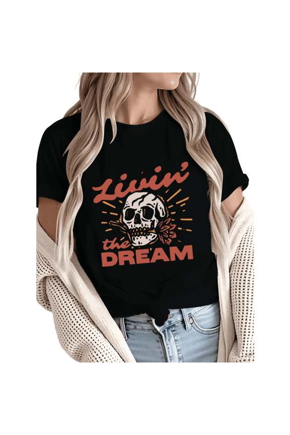 Women Livin' The Dream Retro Skull Graphic Fun Tees Tops Round Neck Cotton T-Shirt Black S-5XL