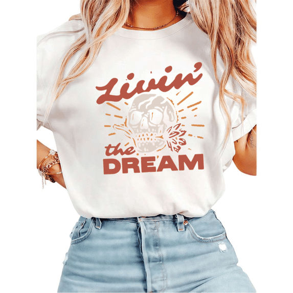 Women Livin' The Dream Retro Skull Graphic Tees T-Shirt Tops Round Neck Cotton T-Shirt White S-5XL