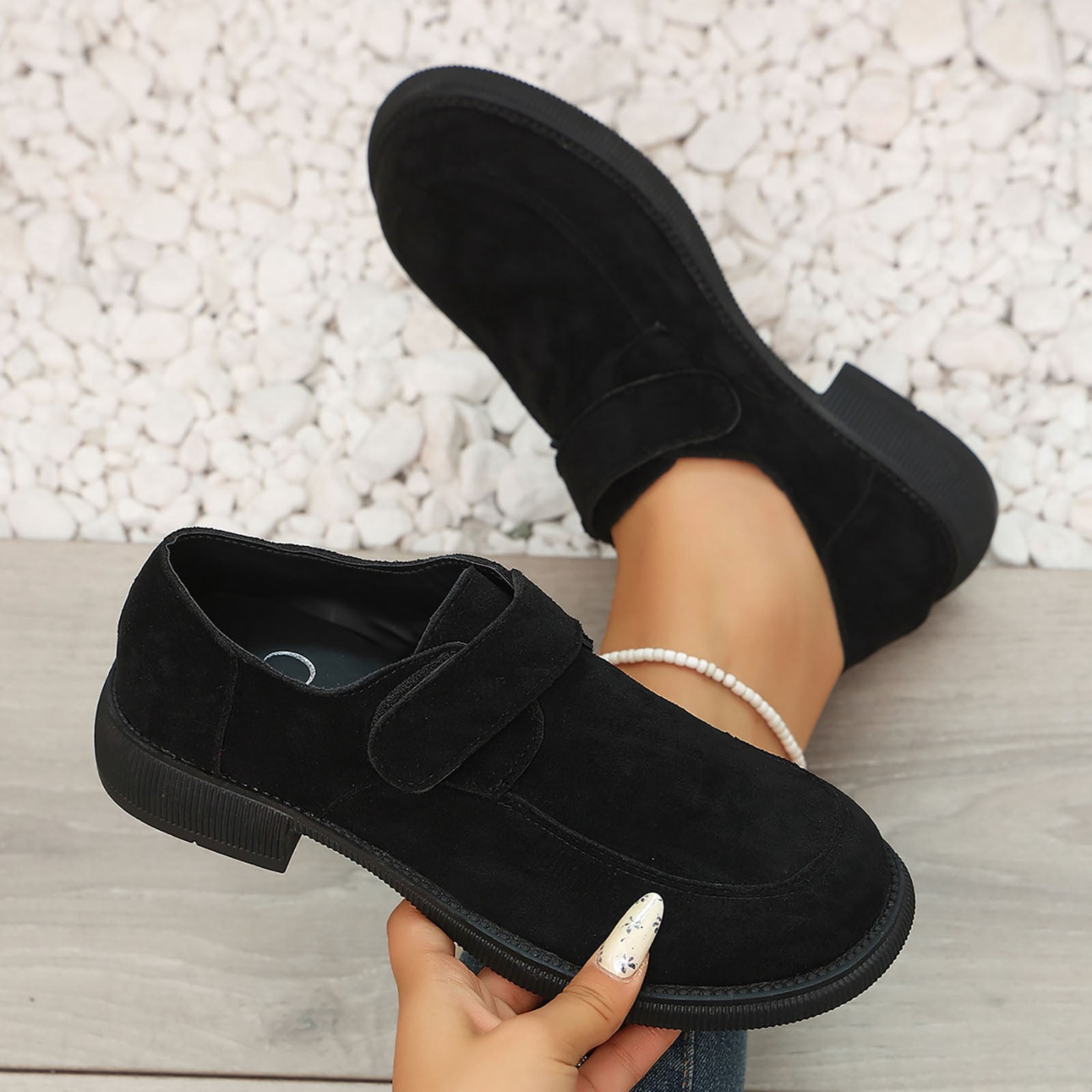 Women Loafers Hook And Loop Flat Shoes Square Toe Faux Suede Casual ...