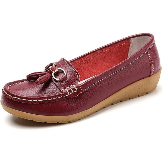 Women Loafers Leather Rubber Sole Slip On Walking Flats Casual Moccasin Boat Shoes