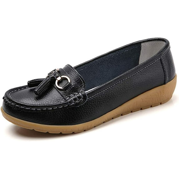 Women Loafers Leather Rubber Sole Slip On Walking Flats Casual Moccasin Boat Shoes
