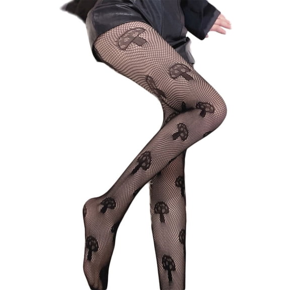 Women Lolita Hollow Lace Fishnet Pantyhose Japanese Vintage Mushroom Jacquard Patterned Sheer Mesh Tights Stocking