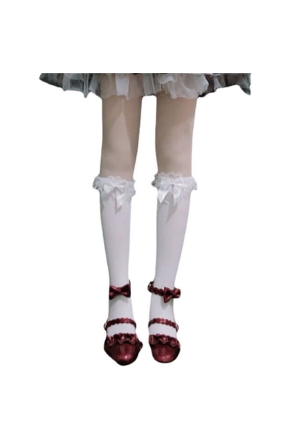 Women Lolita Lace Ruffle Knee High Socks Kawaii Bowknot Solid Color Stockings
