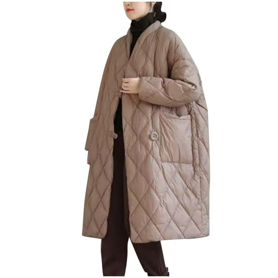 Women Long Baggy Winter Puffer Coats Collarless Cotton Padded Jacket Button Up Long Sleeve Quilted Outerwear Pockets
