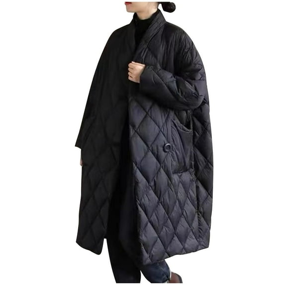 Women Long Baggy Winter Puffer Coats Collarless Cotton Padded Jacket Button Up Long Sleeve Quilted Outerwear Pockets