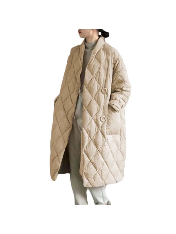 Women Long Baggy Winter Puffer Coats Collarless Cotton Padded Jacket Button Up Long Sleeve Quilted Outerwear Pockets