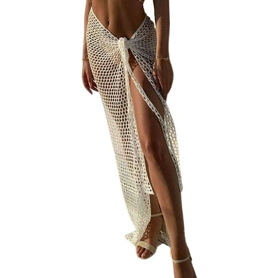 Women Long Beach Dress Knit Side Slit Beach Wrap Skirt Hollowed Crochet Swimsuit Coverup Wrap Beach Coverup Wrap Skirt