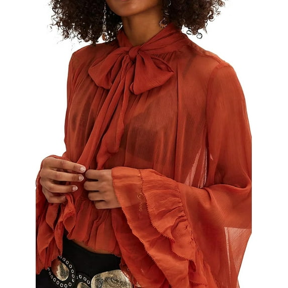 Women Long Bell Sleeve Frill See Through Sheer Mesh Blouse High Low Hem Ruffled Sexy- Flowy Shawl Shirt Orange Color S