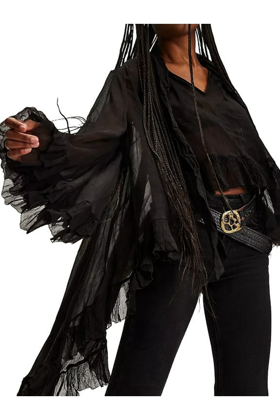 Women Long Bell Sleeve Frill See Through Sheer Mesh Blouse High Low Hem Ruffled Sexy- Flowy Shawl Shirt Black S