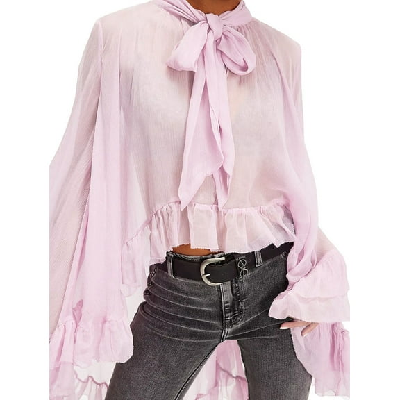 Women Long Bell Sleeve Frill Top See Through Sheer Mesh Blouse High Low Hem Ruffled Sexy- Flowy Tops Shawl Shirt Pink L