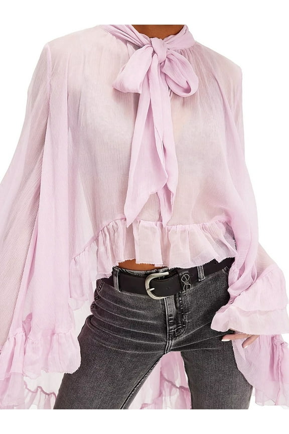 Women Long Bell Sleeve Frill Top See Through Sheer Mesh Blouse High Low Hem Ruffled Sexy- Flowy Tops Shawl Shirt Pink L
