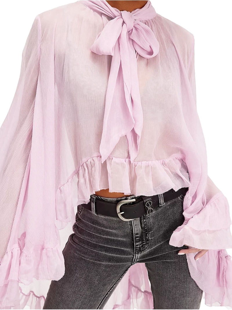 Women Long Bell Sleeve Frill Top See Through Sheer Mesh Blouse