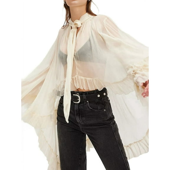 Women Long Bell Sleeve Frill See Through Sheer Mesh Blouse High Low Hem Ruffled Sexy- Flowy Shawl Shirt White M