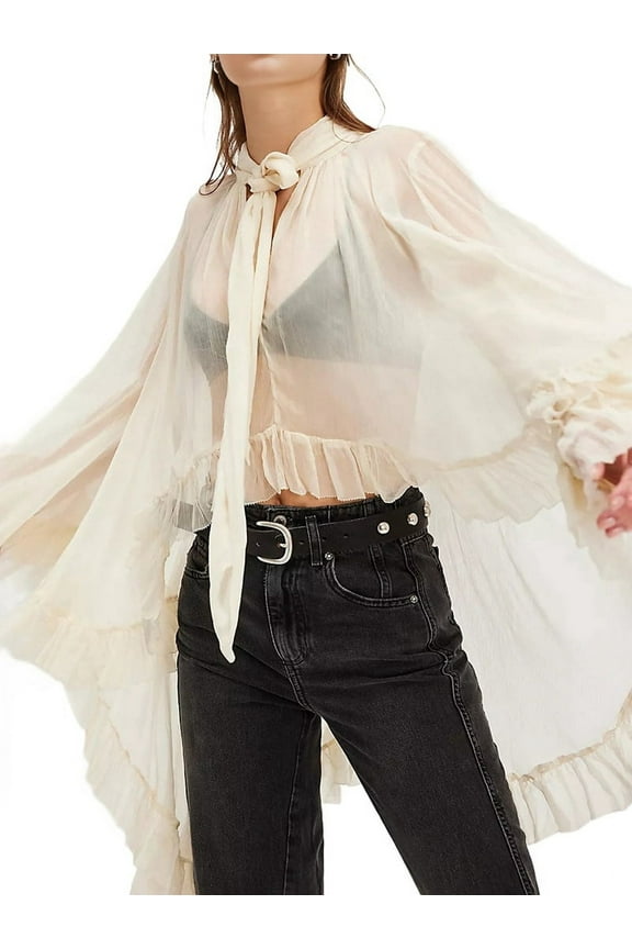 Women Long Bell Sleeve Frill See Through Sheer Mesh Blouse High Low Hem Ruffled Sexy- Flowy Shawl Shirt White M