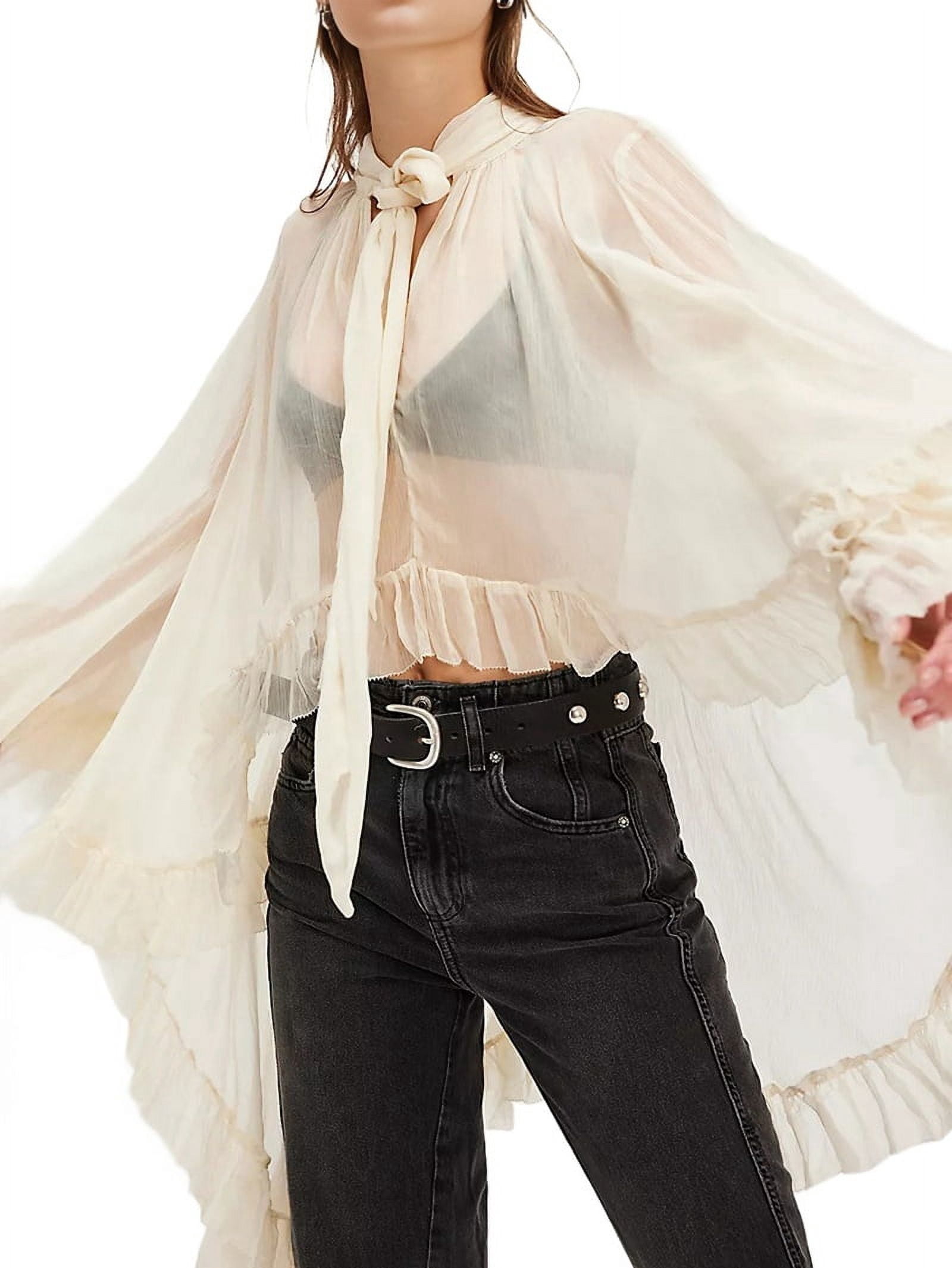 Women Long Bell Sleeve Frill Top See Through Sheer Mesh Blouse