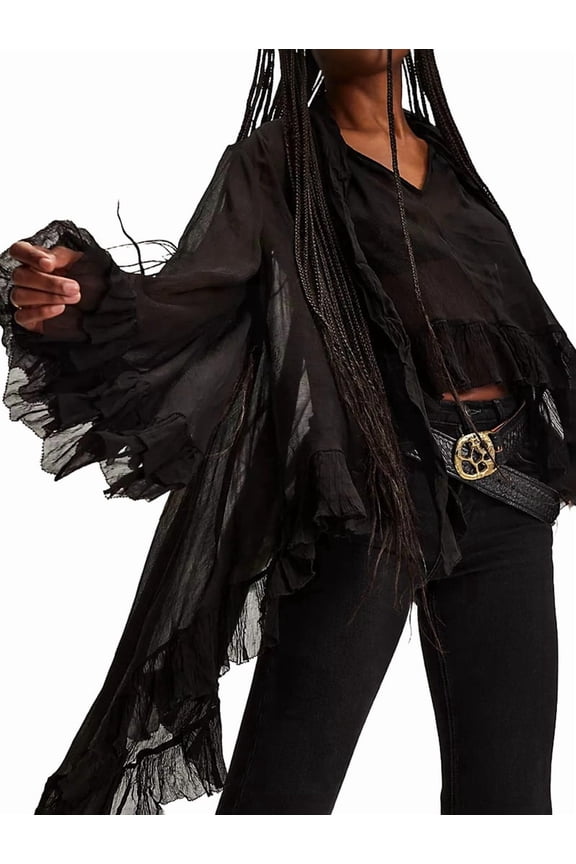 Women Long Bell Sleeve Frill Top See Through Sheer Mesh Blouse High Low Hem Ruffled Sexy- Flowy Tops Shawl Shirt