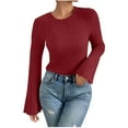 thumbnail image 1 of Women Long Bell Sleeve Shirts Casual Loose Soft Ribbed Knit Crewneck Tunic Pullover Tops Trendy Lightweight Winter Warm Sweaters, 1 of 5