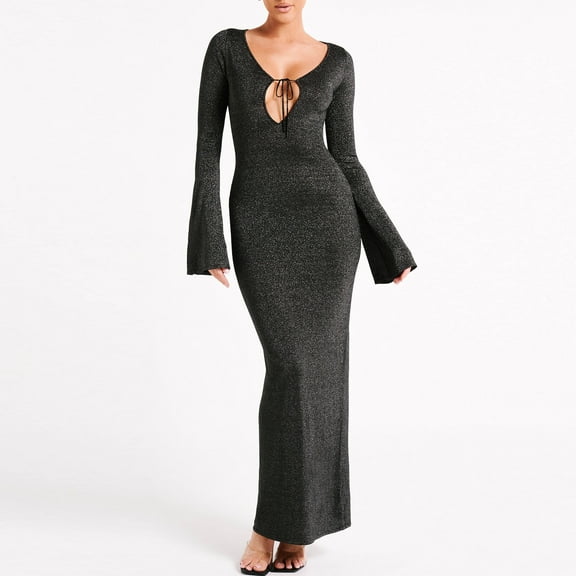 Women Long Bodycon Dress Glitter Tie-Up Hollow-Out Long Sleeve Dress Fall Winter Evening Party Dress