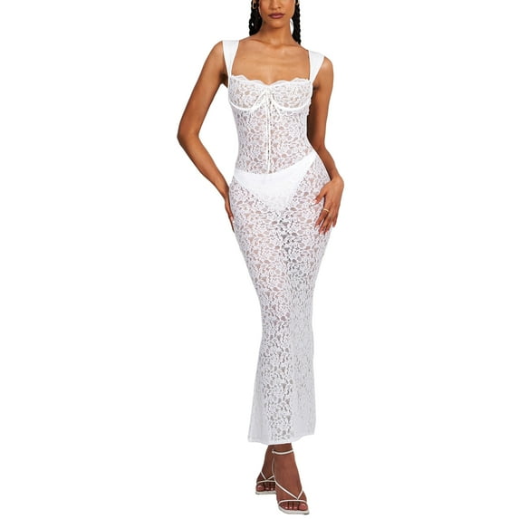 Women Long Bodycon Dress Lace See-Through Sleeveless Cami Dress Summer Backless Party Dress