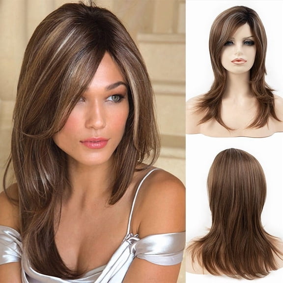 Women Long Brown Wavy Wig Side Part Layered Curly Heat Resistant Synthetic Hair