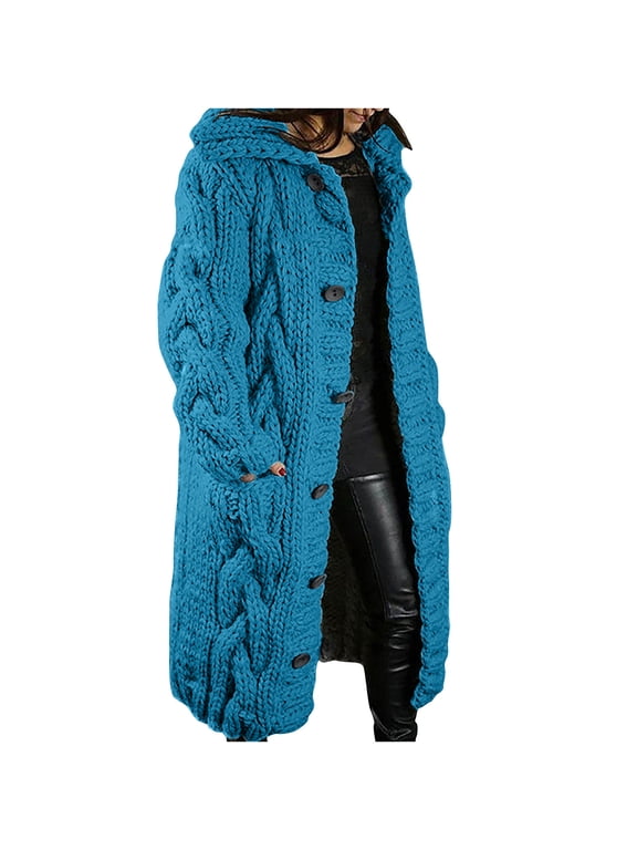 Women Long Cable Knit Hooded Cardigan Coat, Button Down Thick Knitted Outerwear with Side Pockets, Loose Warm Long Sleeve Fall Winter Sweater Jacket Blue,S