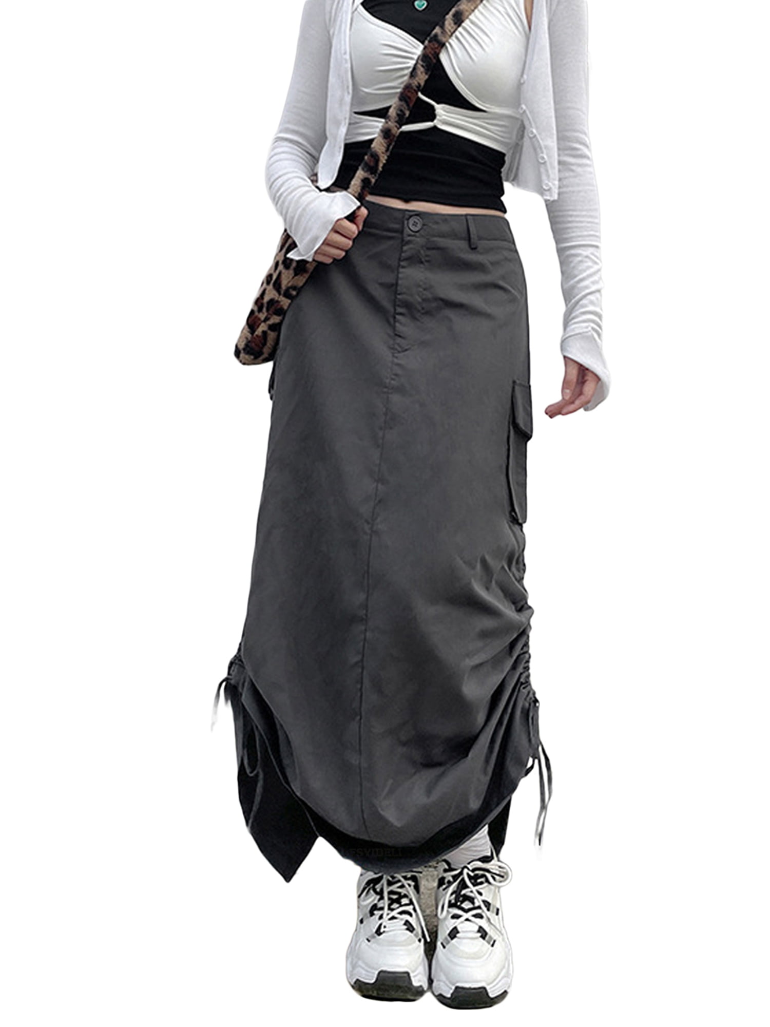 Women Long Cargo Skirts with Pockets Low Rise Drawstring Shirred Baggy Skirt E Girls Vintage