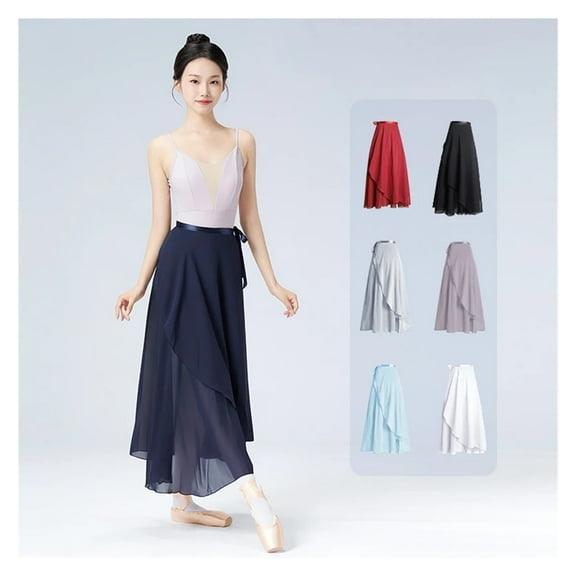 Women Long Chiffon Ballet Skirt Black Dance Wrap Skirts With Adjustable Tie, Semi-sheer