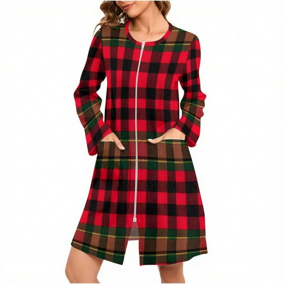 Women Long Clothing Christmas Graphic Shirts Full Zip Crewneck Dress Long Sleeve Homewear Plaid Snowflake Clothes Knee Length Garments Merry Christmas Tops