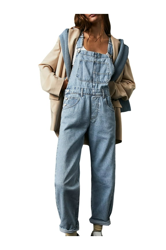 Women Long Denim Jumpsuit Baggy Denim Bib Overalls Loose Fit Jean Jumpsuit Stretchy Pants Romper